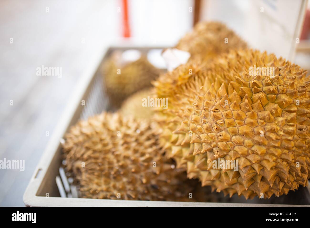 Spikey und gelbe Früchte namens Durian in einem Korb auf Die Straße Stockfoto