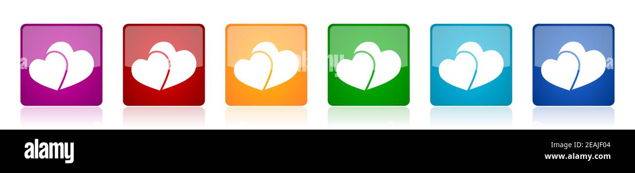 Zwei Herzen, Valentinstag Icon Set, quadratische Hochglanz-Vektor-Tasten in 6 Farben Optionen für webdesign und mobile Anwendungen Stock Vektor
