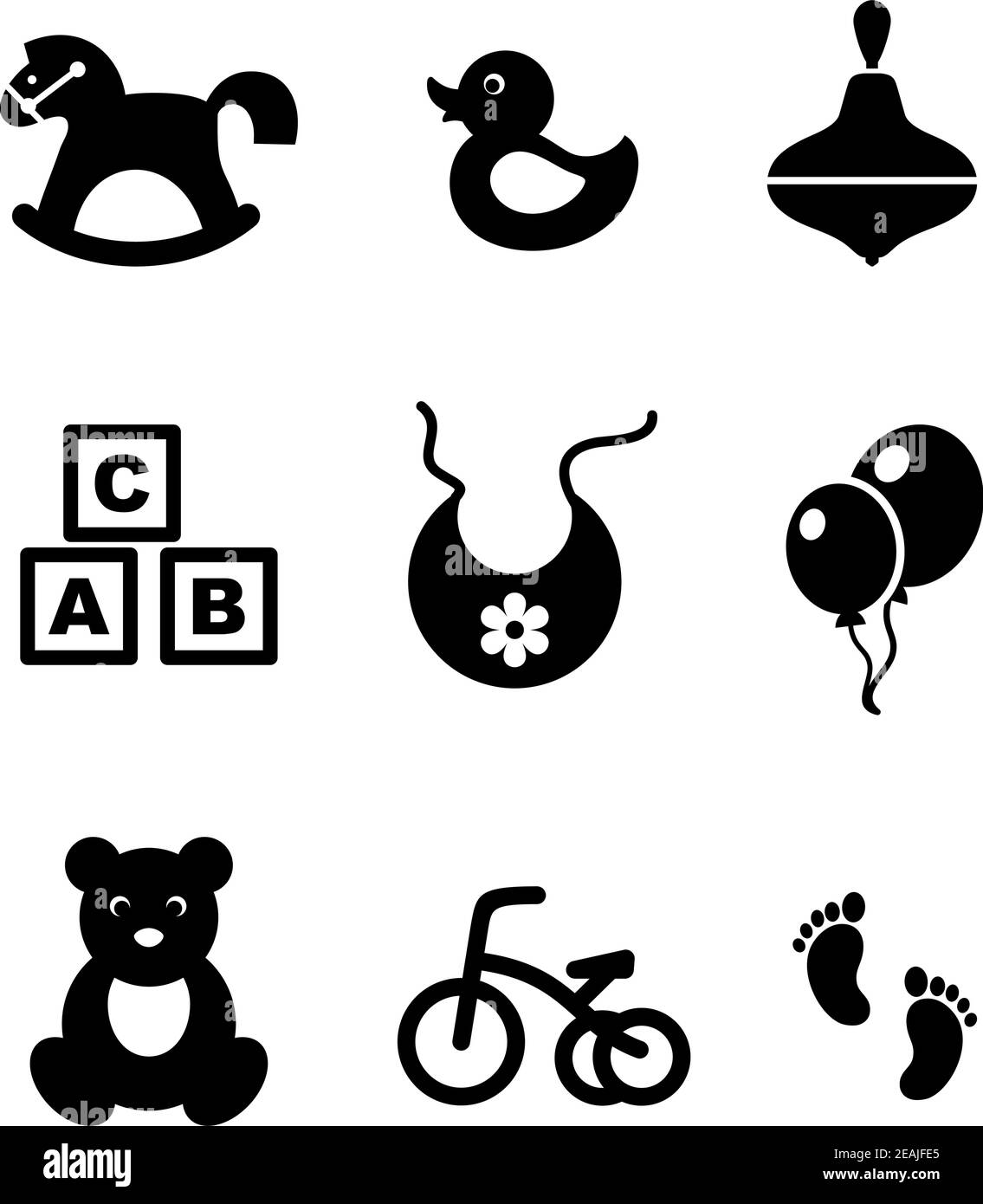 Set von neun verschiedenen schwarz-weißen Baby-Symbole, die ein Schaukelpferd, Ente, Kreisel, abc Blöcke, Lätzchen, Luftballons, Dreirad und Fußabdrücke, ve Stock Vektor