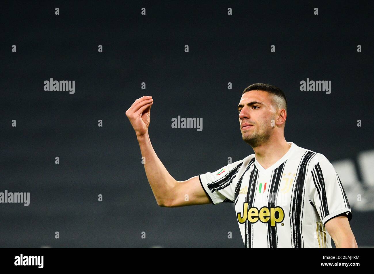 Merih Demiral von Juventus FC Enttäuschung während des Fußballspiels Coppa Italia zwischen Juventus und FC Internazionale. Sportstadien um ihn herum Stockfoto