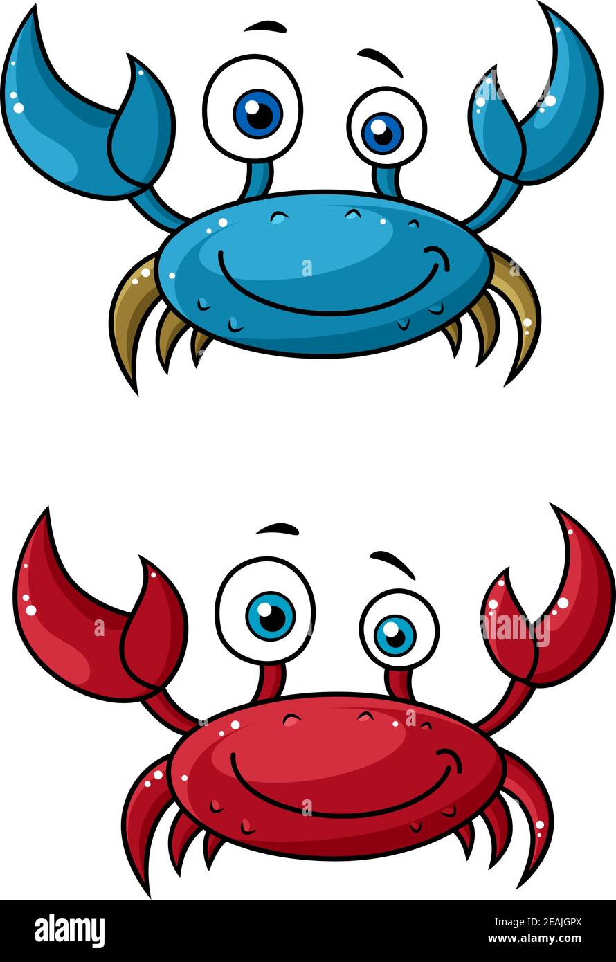 Rot und blau lustig lächelnd Cartoon Krabben Charaktere mit angehoben Krallen isoliert auf weißem Hintergrund Stock Vektor
