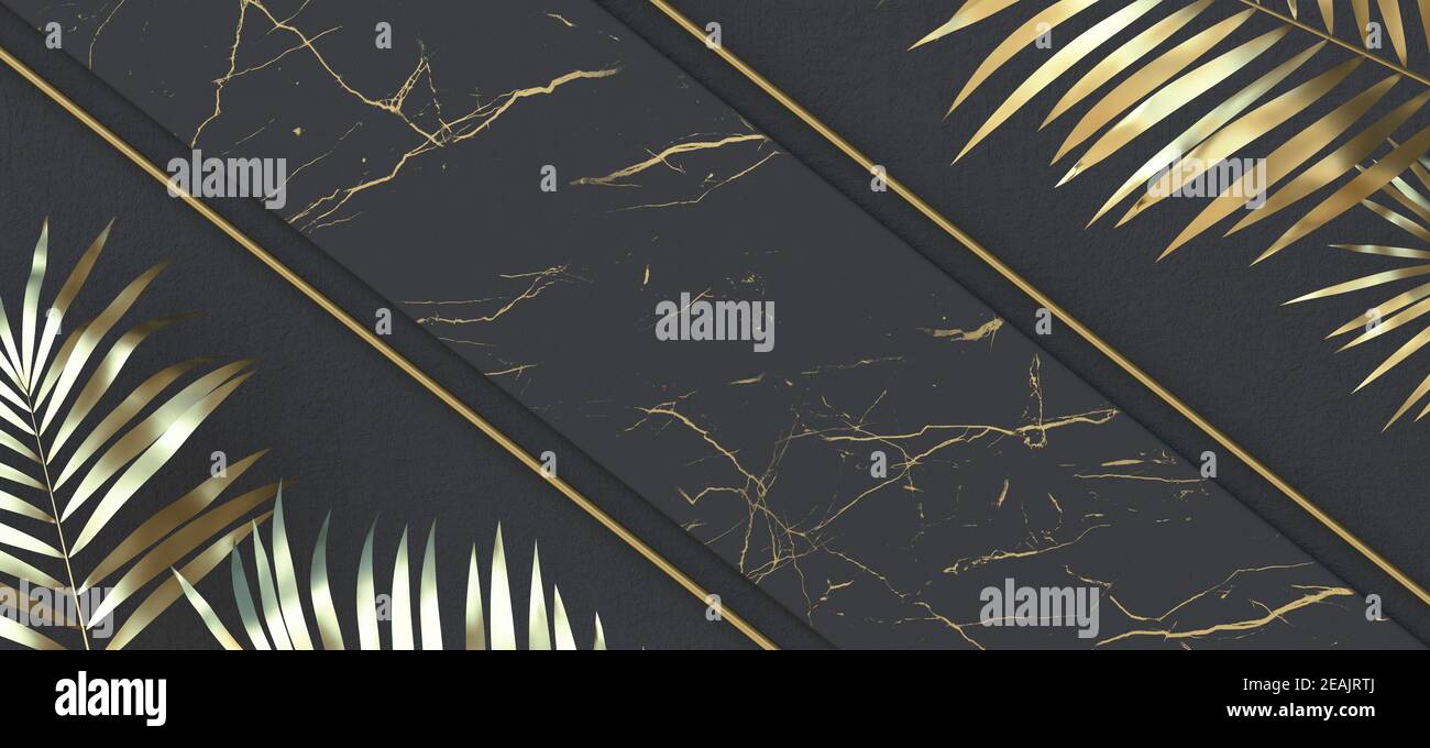 Abstrakter Hintergrund mit goldenen tropischen Blättern 3D Stockfoto