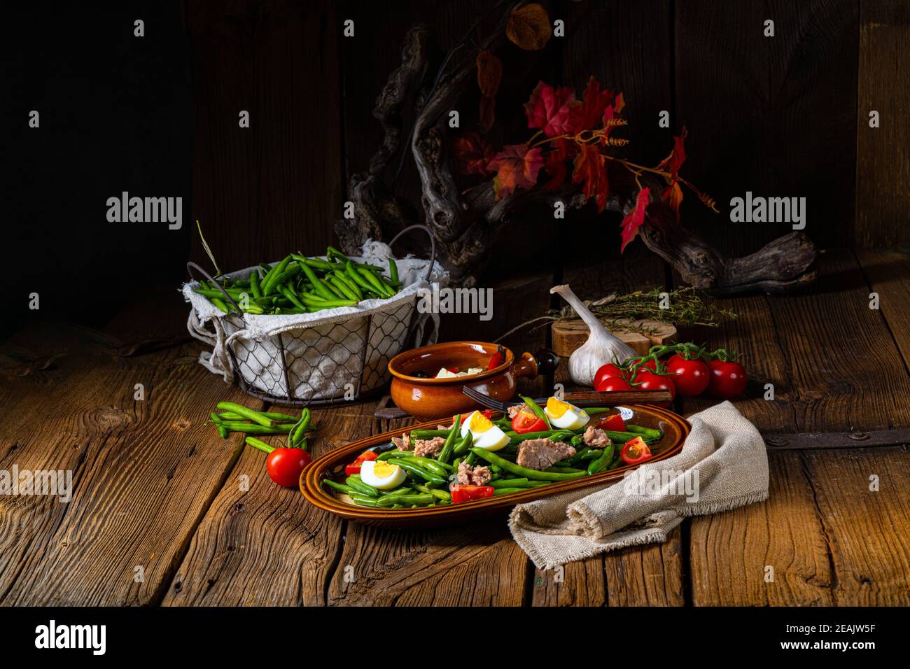 Rustikaler grüner Bohnensalat mit Ei und Thunfisch Stockfoto