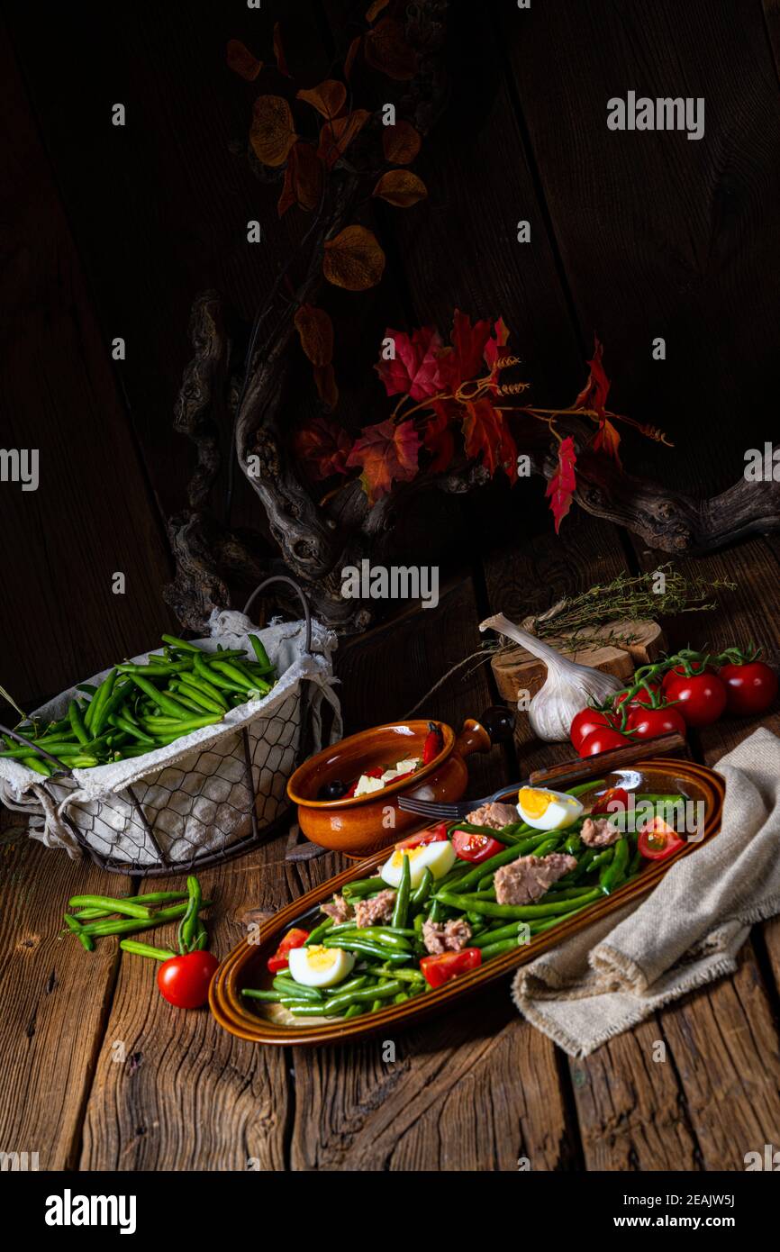 Rustikaler grüner Bohnensalat mit Ei und Thunfisch Stockfoto