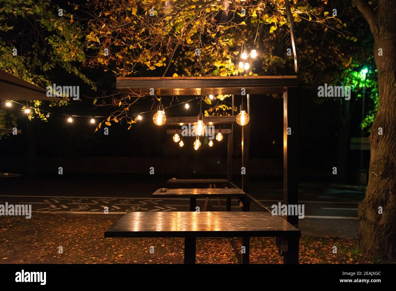 Über den Tischen hängen viele verschiedene Glühlampen In einem Straßencafe in einem Nachtpark Stockfoto