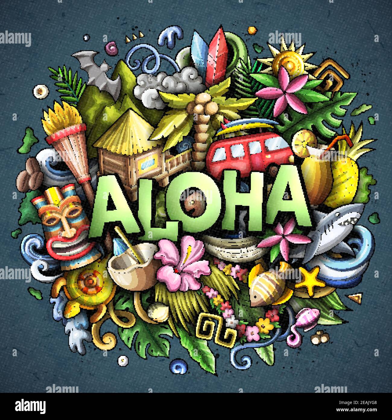 Aloha handgezeichnete Cartoon Doodle Illustration. Witziges hawaianisches Design Stock Vektor