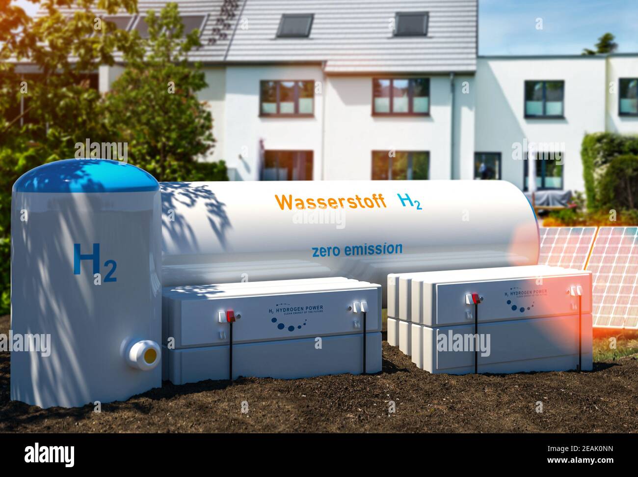Erzeugung erneuerbarer Wasserstoffenergie - Wasserstoffgas für sauberen Strom Bei Immobilien zu Hause Stockfoto