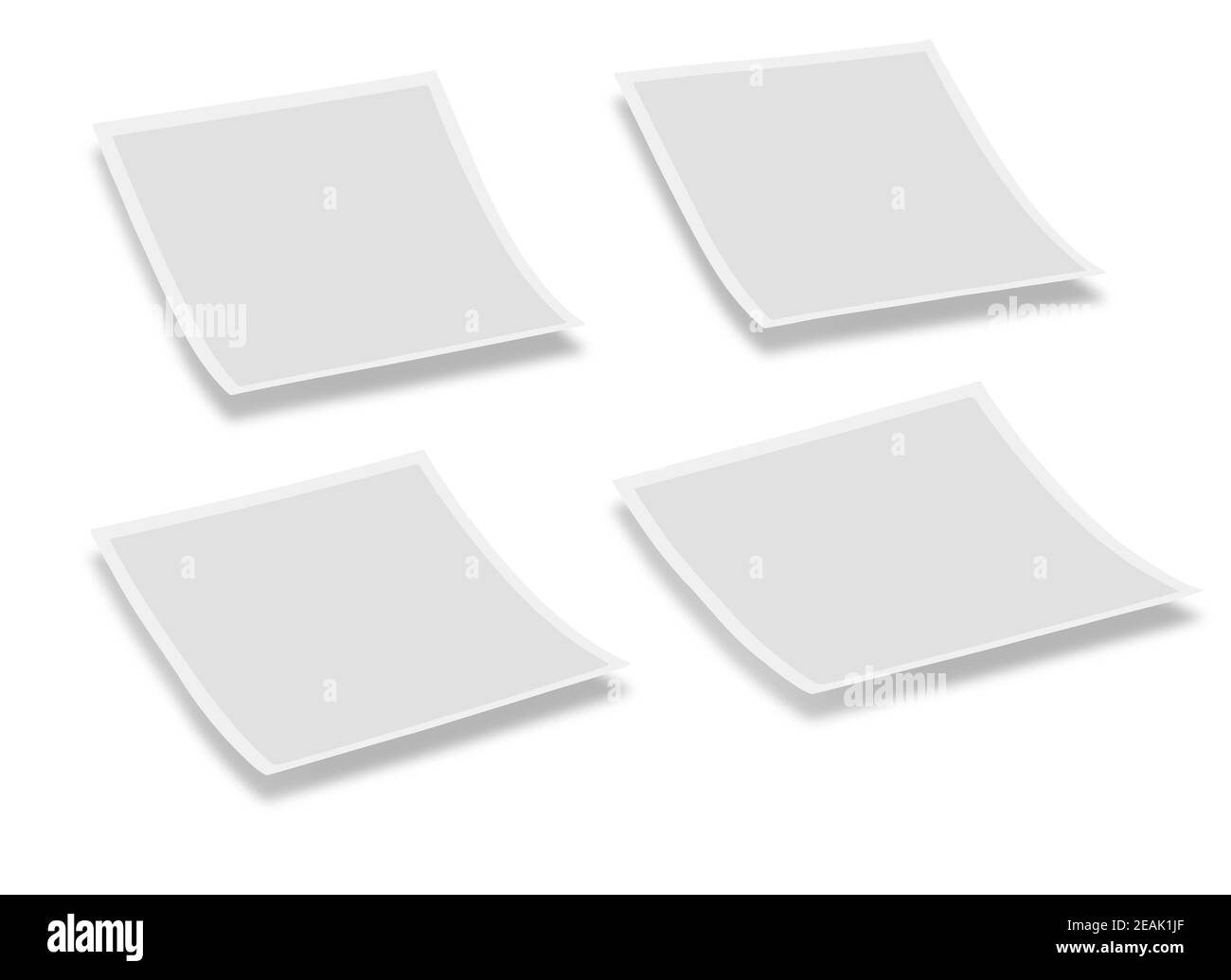 Vier Leerraum-polaroid-Platten vor weißem Hintergrund. Stockfoto