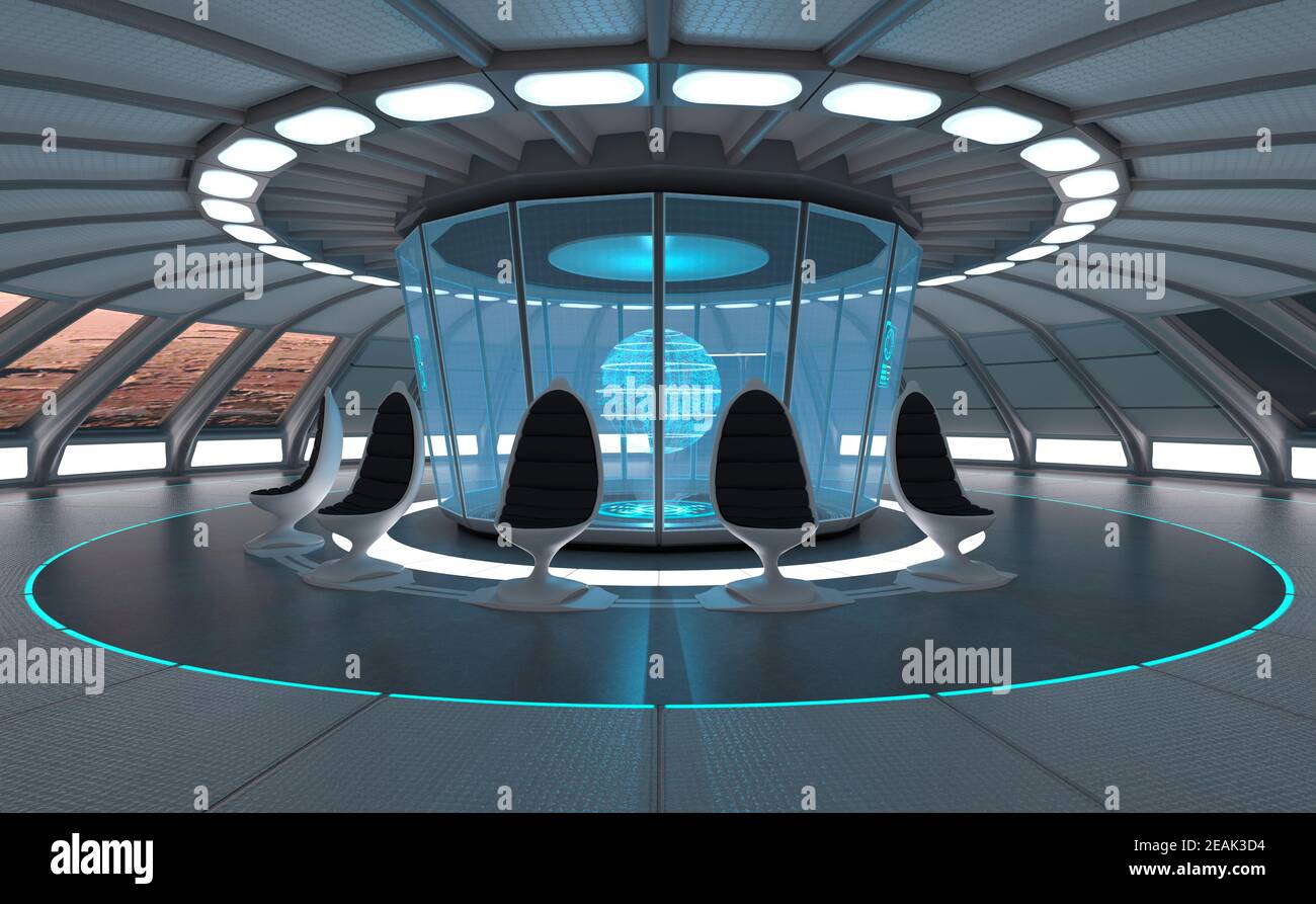 3D Rendering Science Fiction Panorama Room Stockfoto