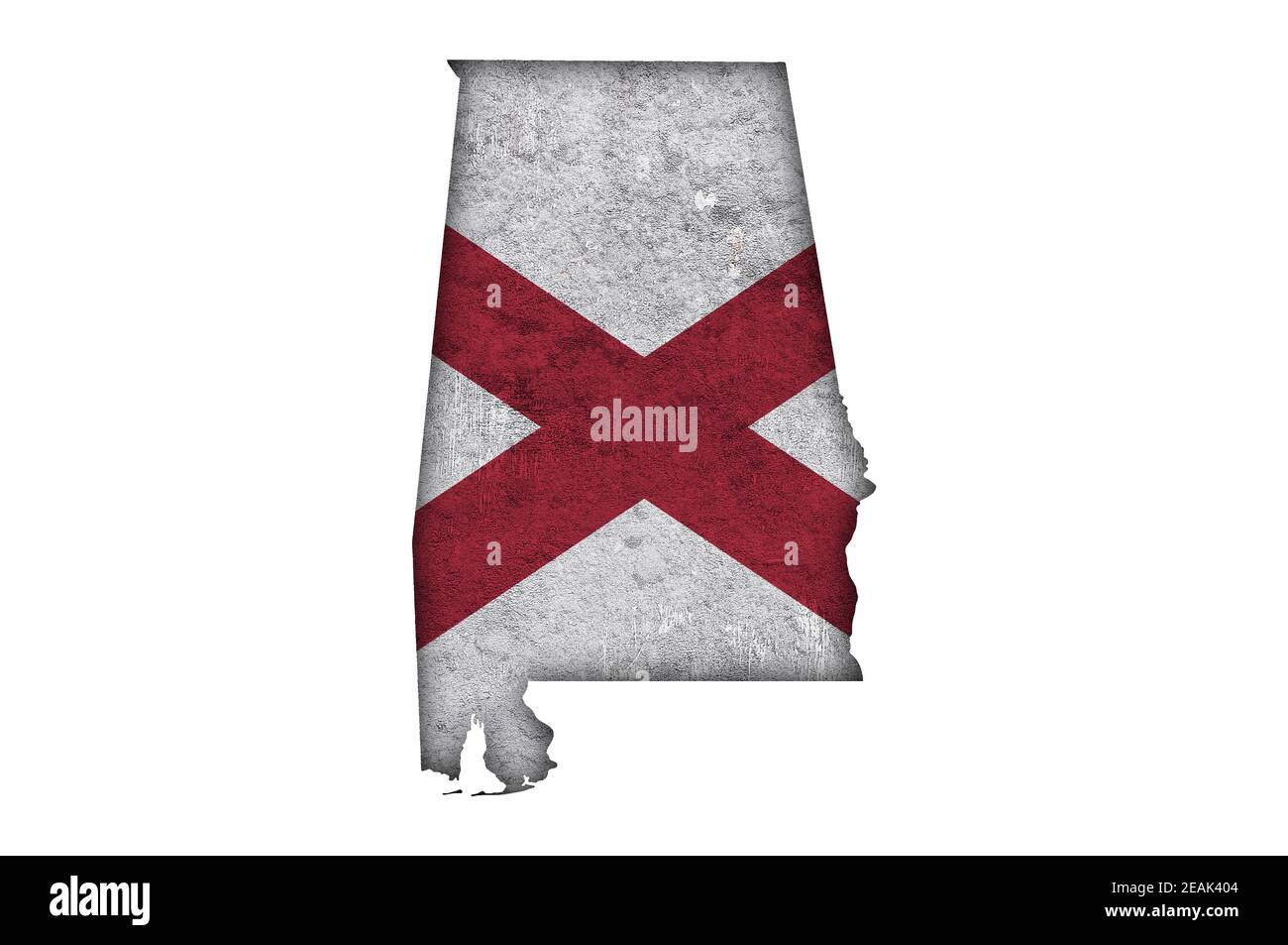 Karte und Flagge von Alabama auf verwittertem Beton Stockfoto