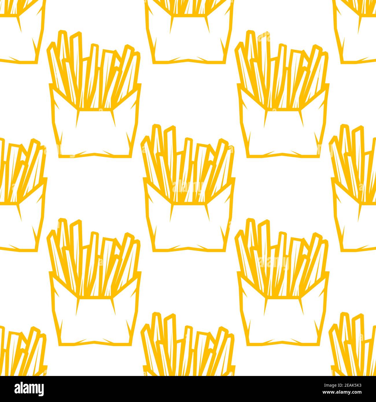 Nahtloses Muster von Schachteln mit Pommes zum Mitnehmen in einem goldene Umrandung im quadratischen Format Stock Vektor