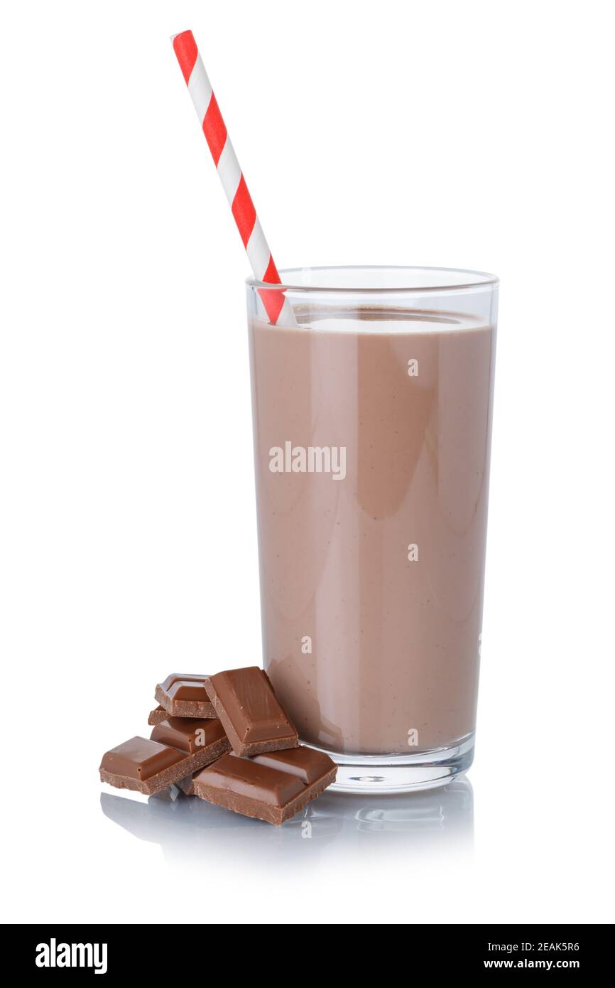 Schokomilch Milchshake in einem Glas Stroh isoliert auf Weiß Stockfoto