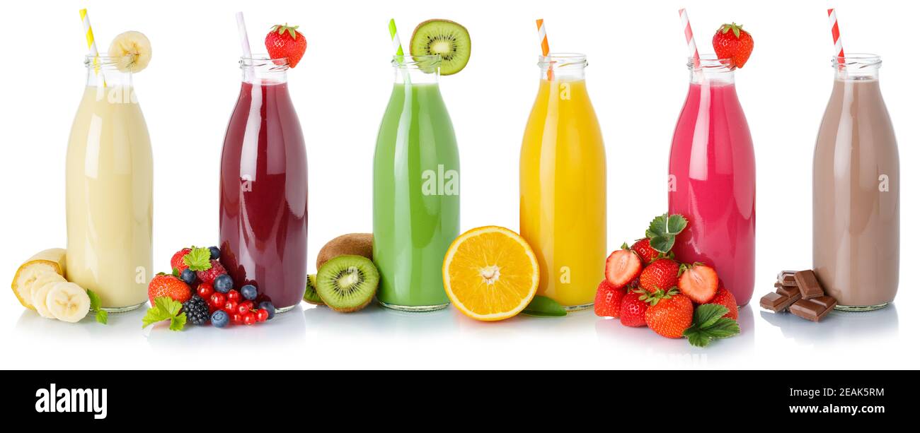 Sammlung von Fruchtsaft Säfte Getränke Getränke Milchshake Getränkeflaschen Isoliert auf Weiß Stockfoto