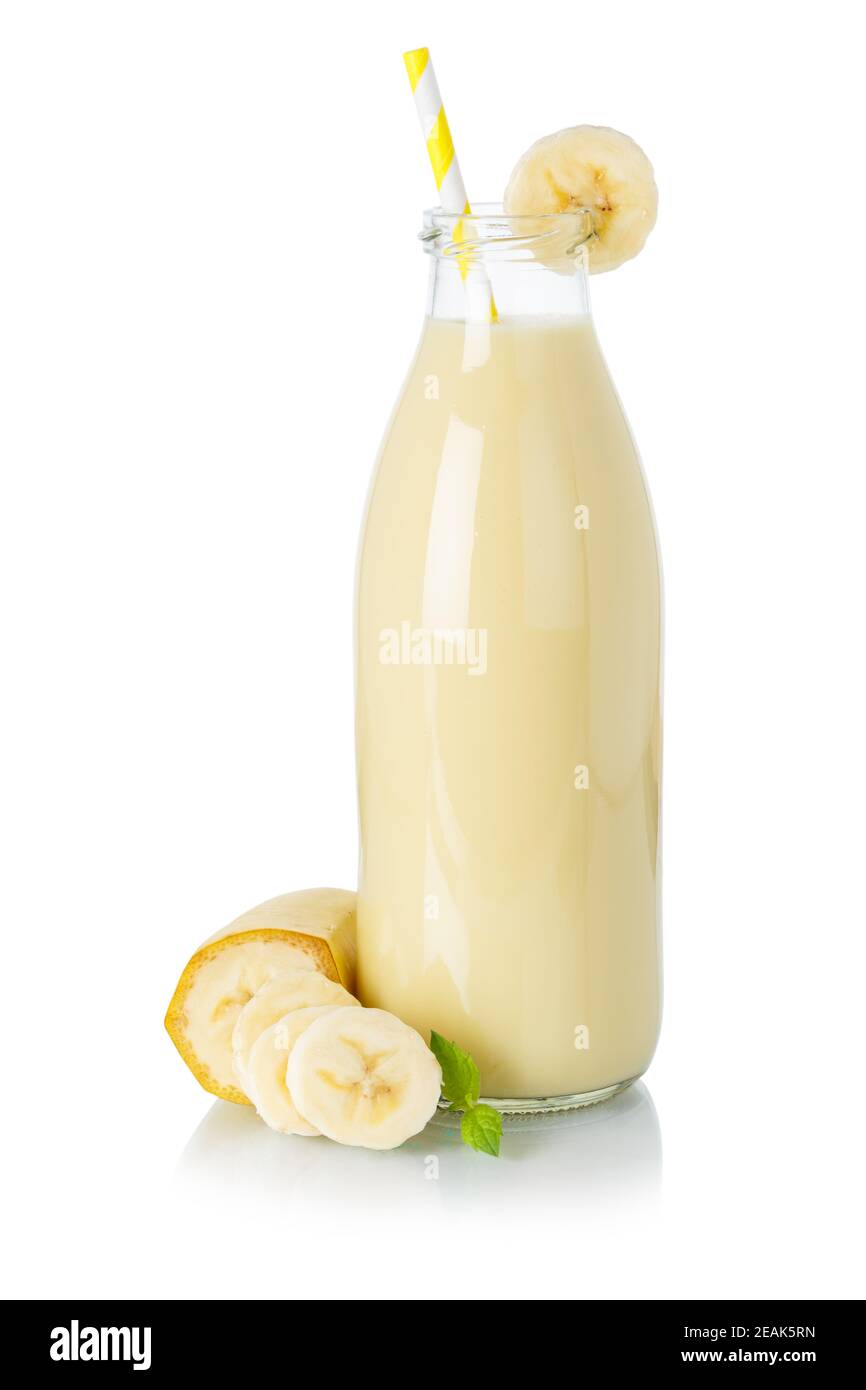 Smoothie Bananensaft Trinken Milchshake Milchshake in einer Flasche Isoliert auf Weiß Stockfoto