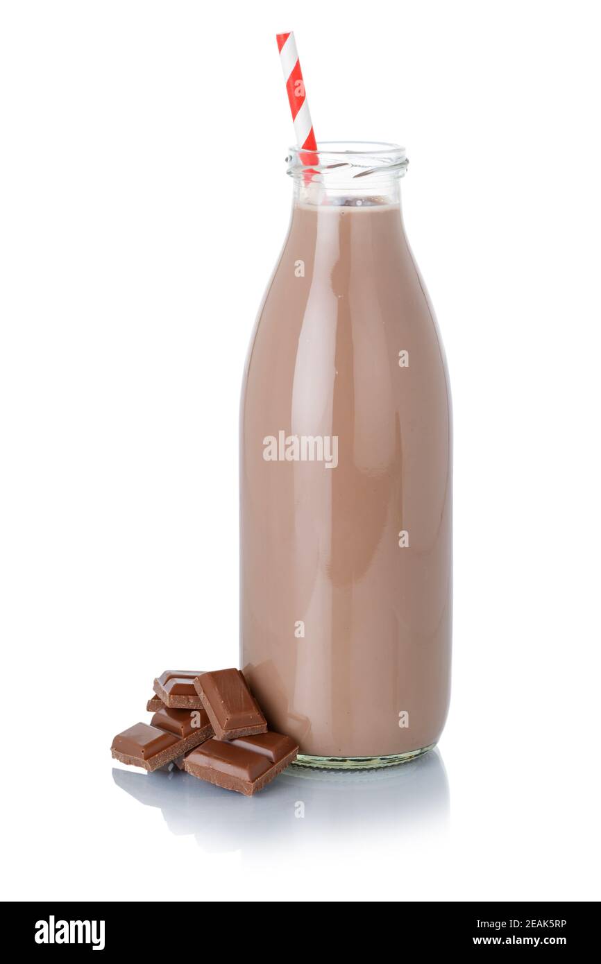 Schokoladenmilch schütteln Milchshake in einer Flasche Stroh isoliert auf Weiß Stockfoto