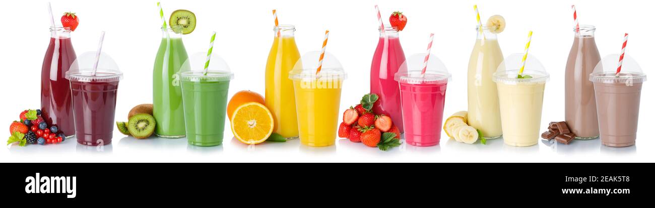 Sammlung von Getränken Getränke Getränke Obst Fruchtsaft isoliert auf Weiß Stockfoto