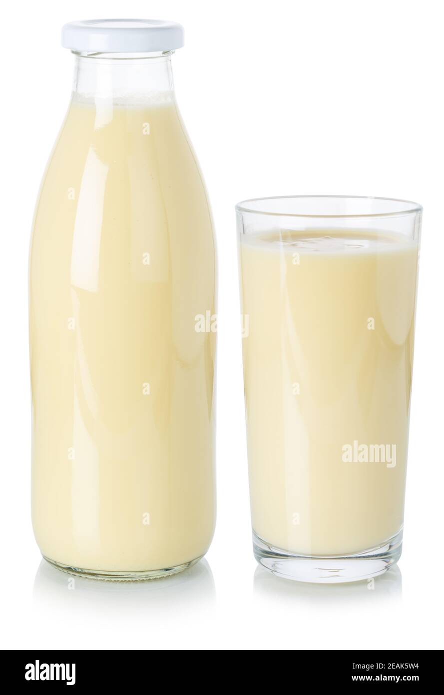 Milch trinken Milchshake Shake in einer Flasche und Glas isoliert Auf Weiß Stockfoto