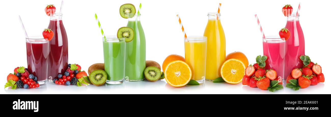 Fruchtsaft Getränke Sammlung Smoothies Glas und Flasche isoliert Stockfoto