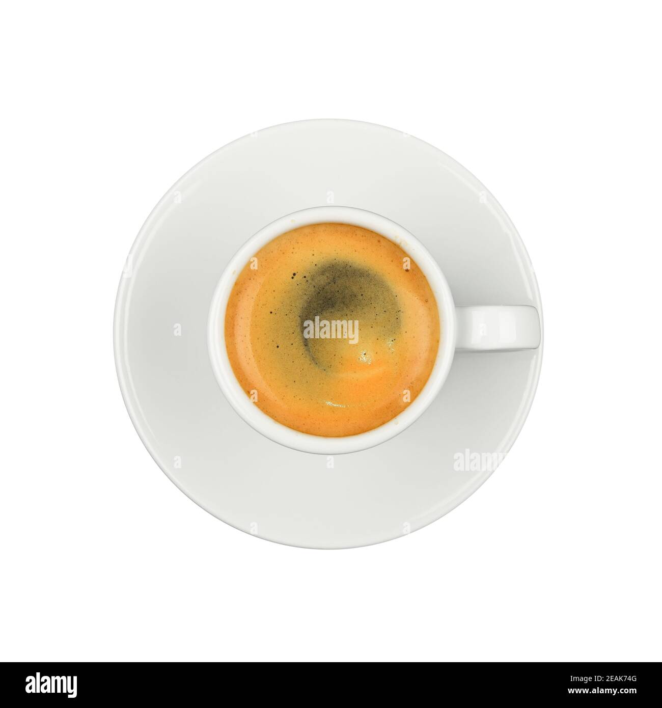 Weiße Tasse Espresso Kaffee auf Untertasse isoliert Stockfoto