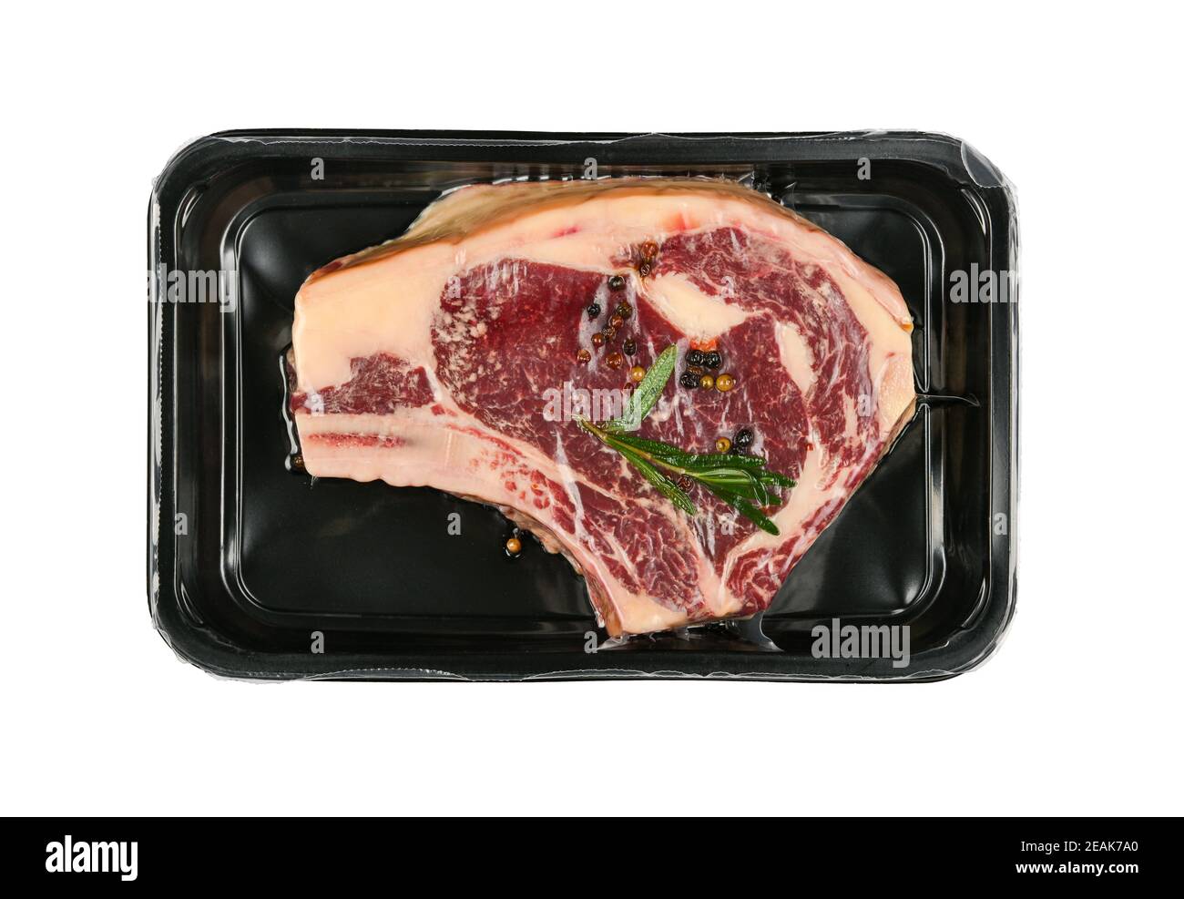 Nahaufnahme Roh Rindfleisch Ribeye Steak vakuumversiegelt Stockfoto