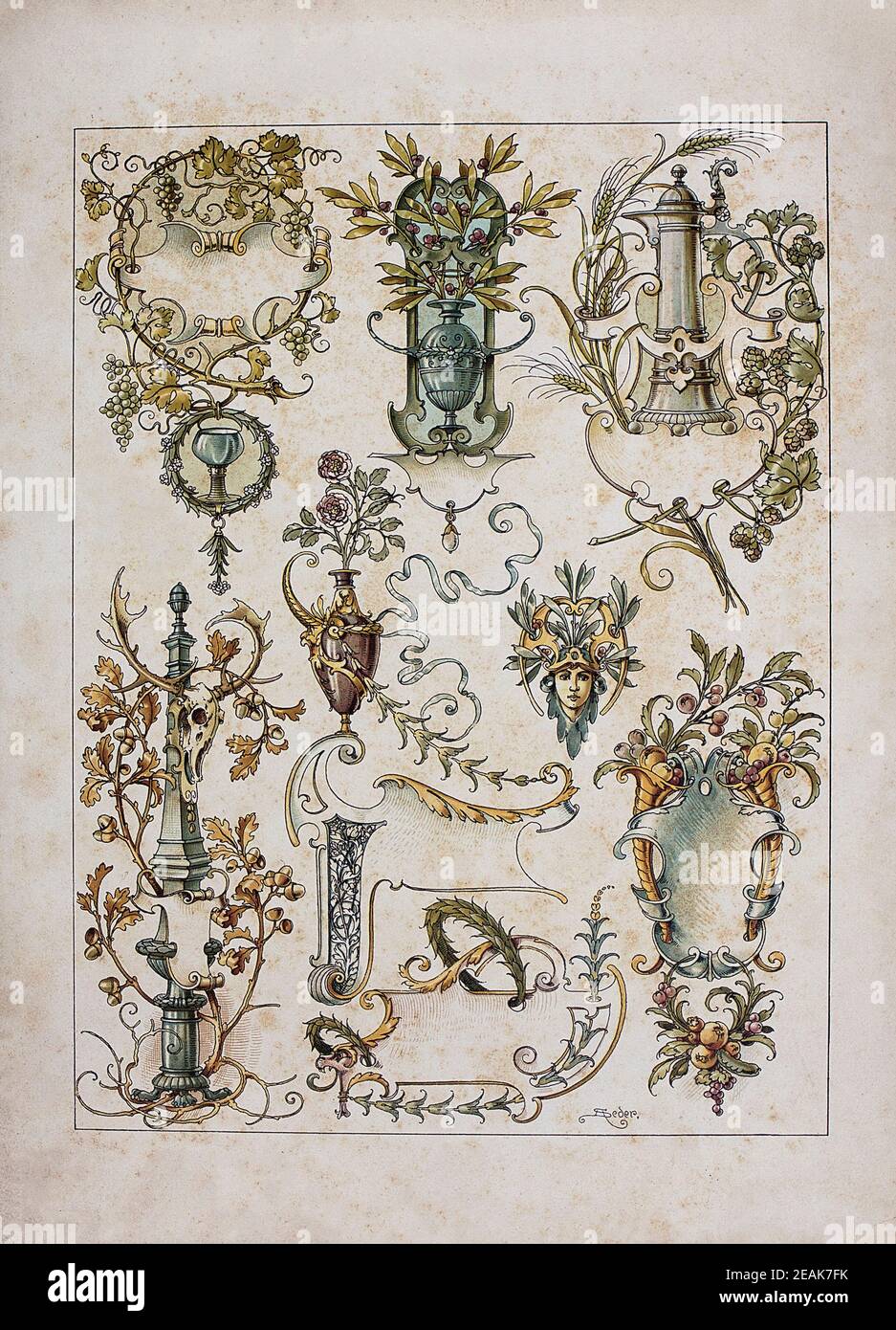 Art Nouveau Lithograph Druck von Anton SEDAR. Anlagenserien. Anton Johann Nepomuk Seder (1850 - 1916) war ein deutscher Maler und Dekorateur, Professor und Stockfoto