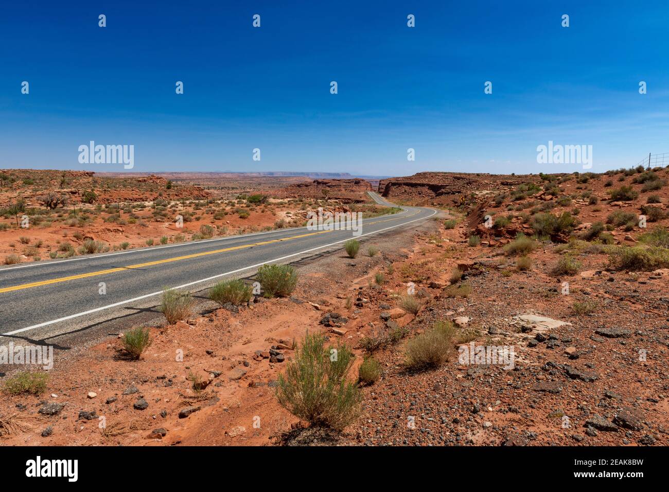 Eine leere Straße in der Wüste im Bundesstaat Colorado, USA; Konzept für Reisen in den USA und Roadtrip Stockfoto