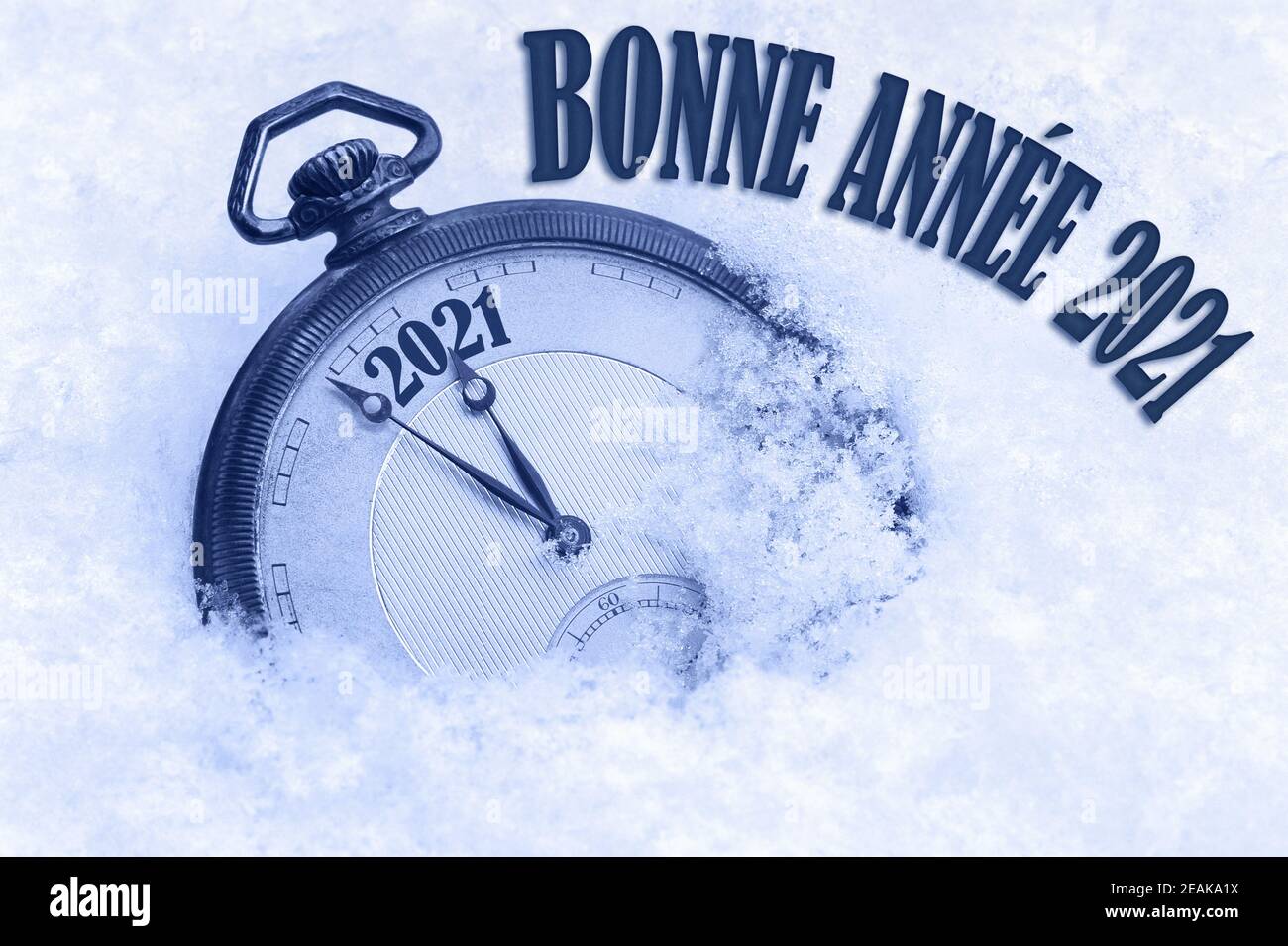 Bonne Annee, Happy New Year 2021 Begrüßung in französischer Sprache, Text, Grußkarte 2021, Countdown bis Mitternacht Stockfoto