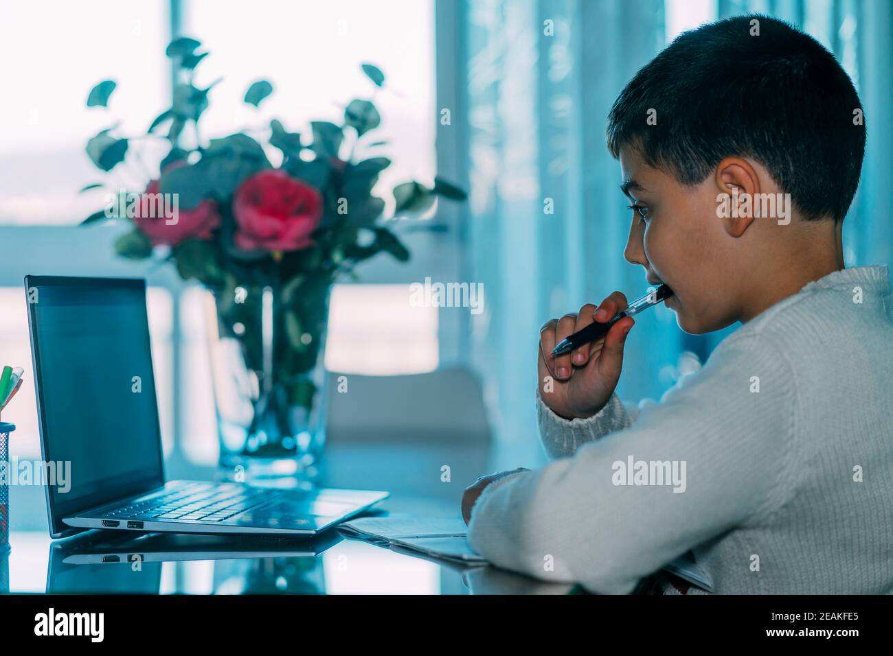 Das Kind nutzt Laptop-Computer zu Hause. Beißt einen Stift. Horizontales Foto. Stockfoto