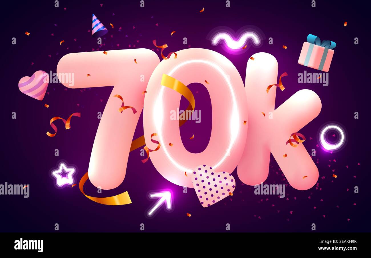 70K oder 70000 Follower danken dir Pink Heart, goldenes Konfetti und Neonschilder. Social Network Freunde, Follower, Web-Nutzer Danke Feiern Sie Abonnenten oder Follower und Likes. Vektorgrafik Stock Vektor