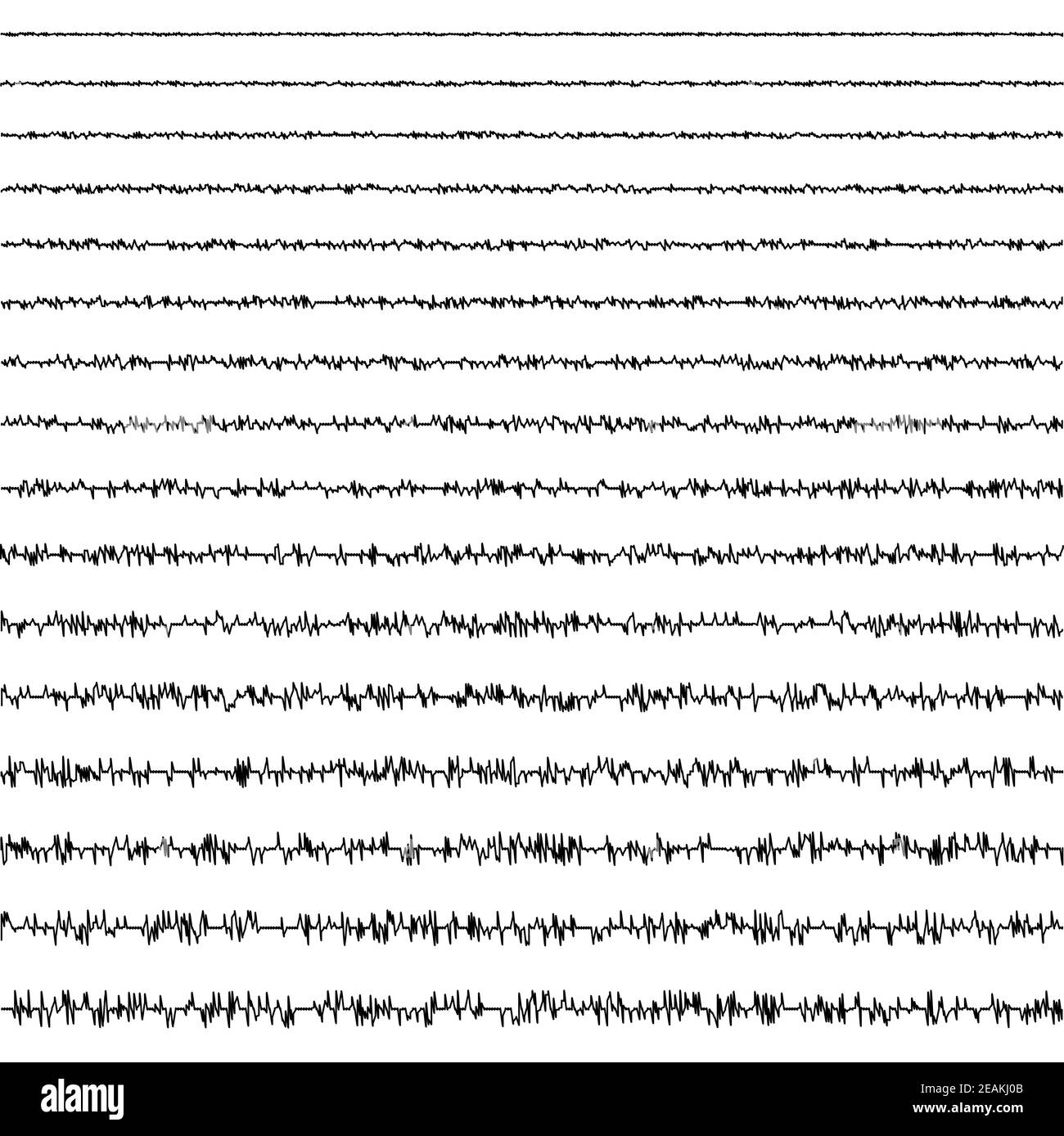 Satz von horizontalen Liniendoodles von seismischen Wellen der Schwingungsform eines Erdbebens mit einer zufälligen Frequenz und Amplitude, einem Vektor-Seismogramm Stock Vektor