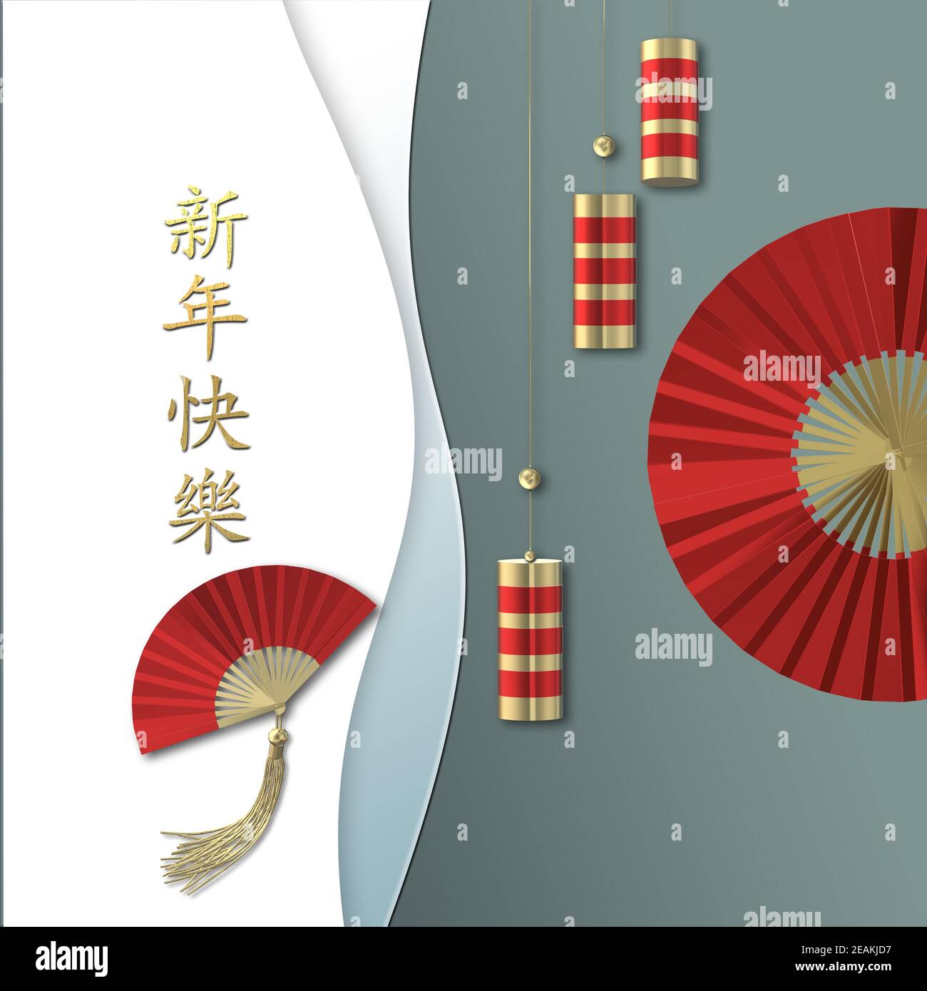 Chinesisches Neujahr. Rote Fans, Cracker. Orientalisch-asiatische Symbole auf Pastellgrün. Goldchinesischer Text Frohes neues Jahr. 3D Rendern Stockfoto