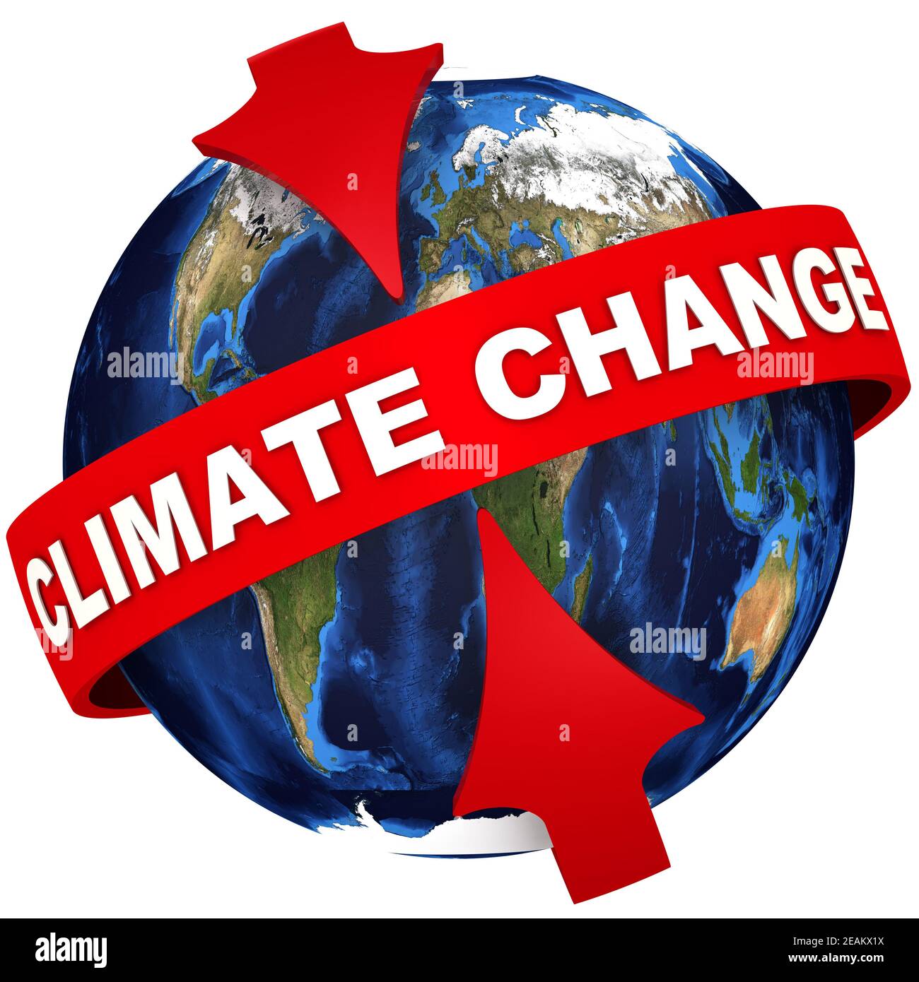 Globaler Klimawandel. Rote Pfeile zeigen auf den weißen Text GLOBALER KLIMAWANDEL auf dem roten Band auf dem Hintergrund des Globus. Isoliert Stockfoto