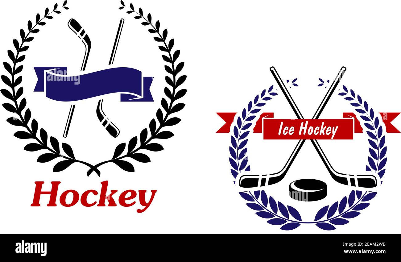 Eishockey und Eishockey Embleme oder Symbole mit gekreuzten Stäbchen in einem Lorbeerkranz, eines mit dem Wort - Hockey - unten und eines mit einem Puck und Text - Eis Stock Vektor