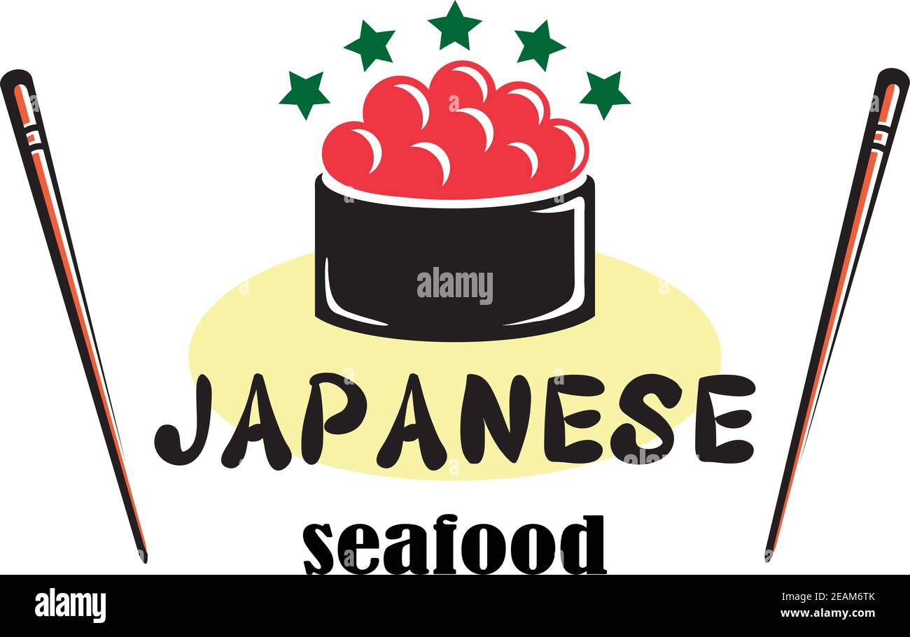 Rot gefärbte japanische Meeresfrüchte-Design mit rotem Kaviar, Essstäbchen und Sternen geeignet für die Lebensmittelindustrie isoliert auf weißem Hintergrund Stock Vektor