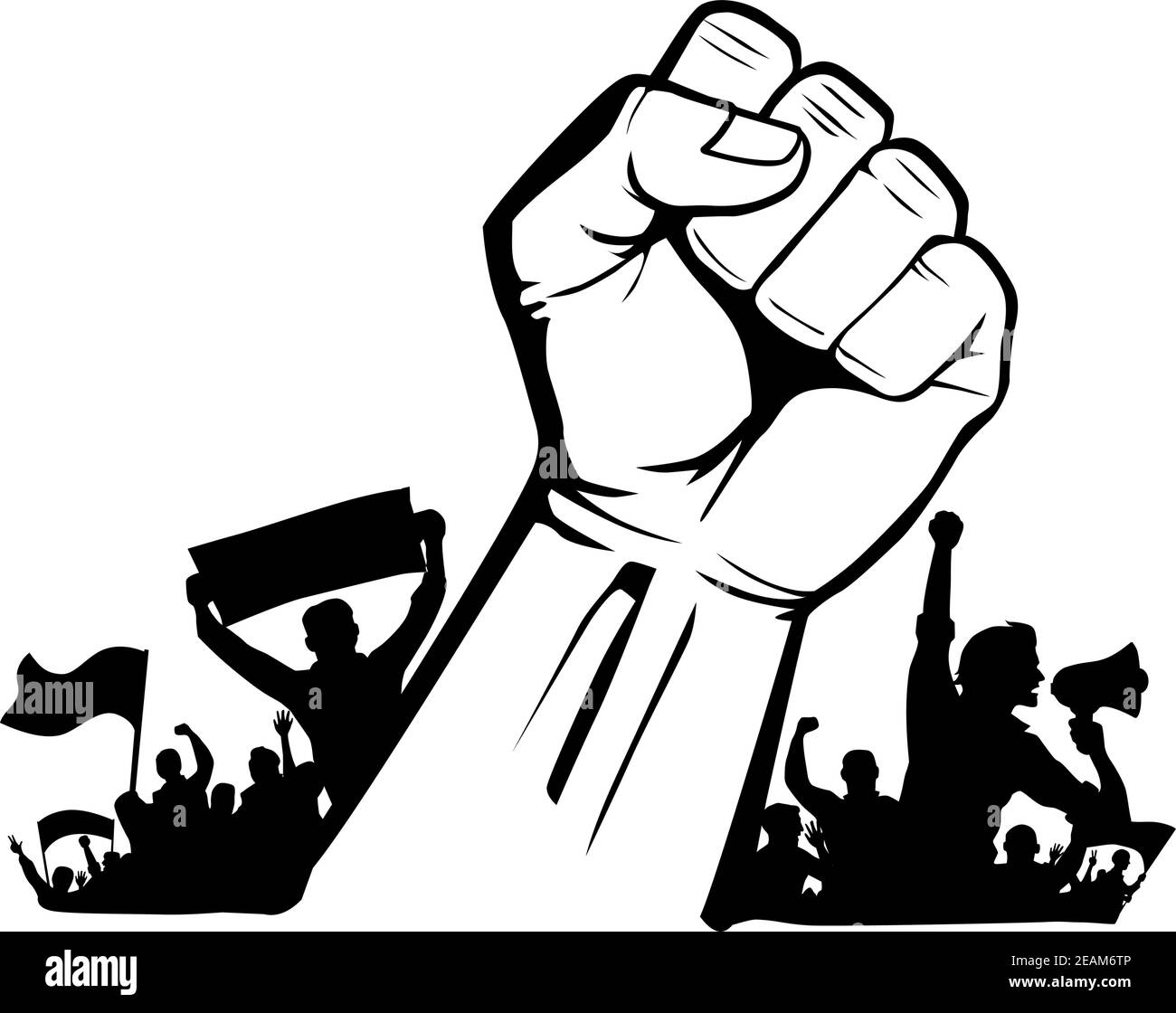 Erhob die Faust des Protestes über die Massen-Rebellen mit Fahnen und Streamer. Rotationsvektorvorlage Stock Vektor