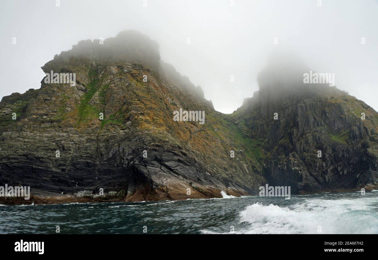 Ankunft und Abfahrt mit dem Boot zu den Skelligs Stockfoto