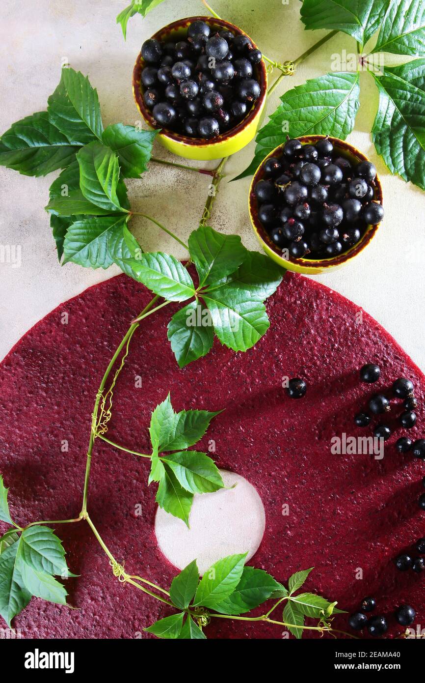 Pastilla von schwarzen Johannisbeeren auf einem hellen Hintergrund. In der Nähe ist ein Zweig mit grünen Blättern. Schwarze Johannisbeeren in Keramikgeschirr. Vertikales Foto. Stockfoto