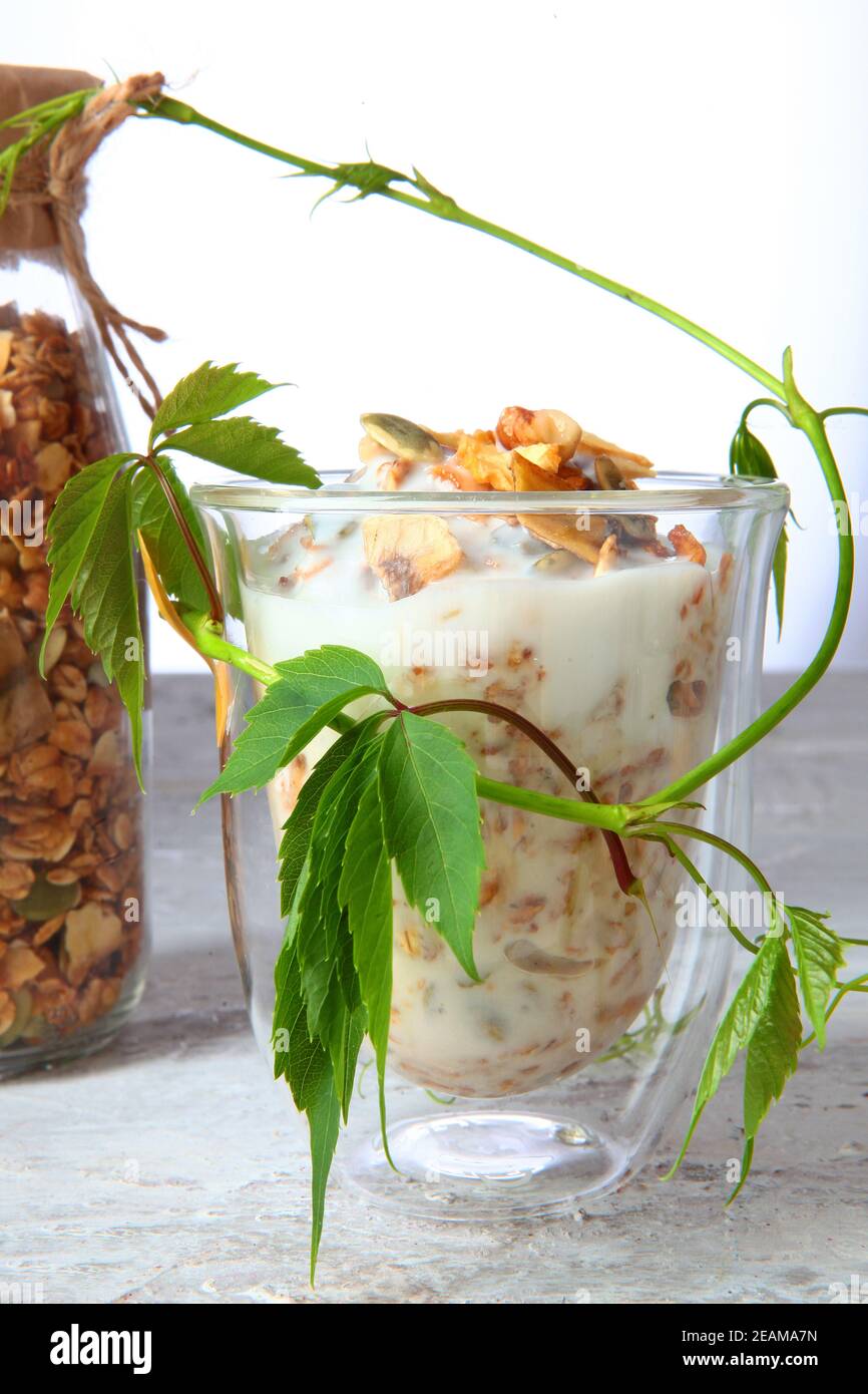 Müsli oder Müsli mit Joghurt in klarem Glas auf hellem Hintergrund. Granola in einer Glasflasche. Gesunde kalorienarme Lebensmittel. Naturprodukt. Vegetarisches Essen. Stockfoto