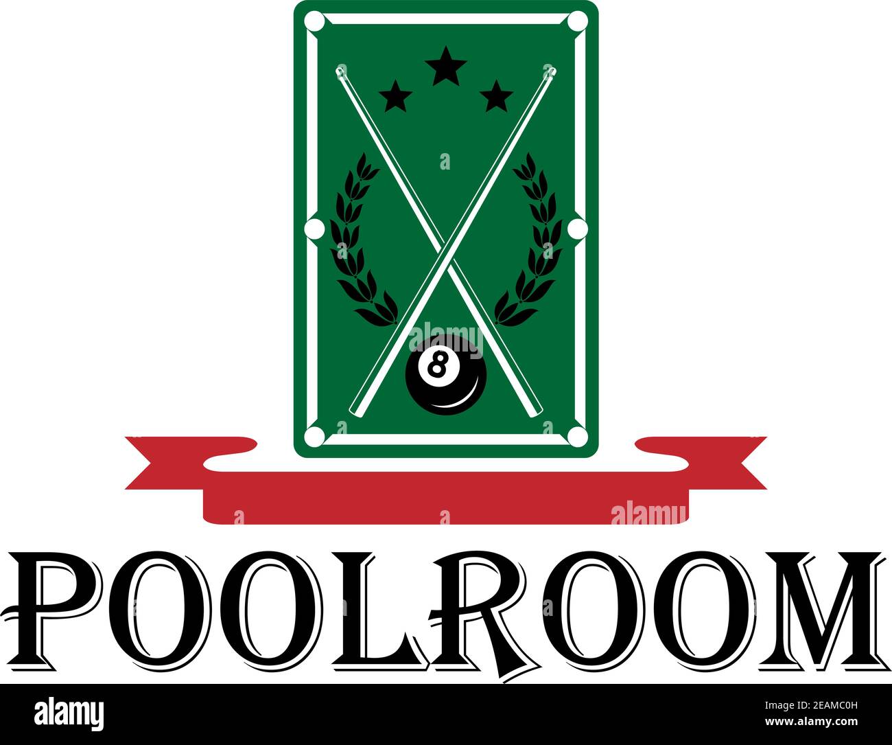 Billardzimmer und Billard Emblem mit einem Billardtisch mit gekreuzt Queues und ein Lorbeerkranz über dem Wort - Poolroom - mit einem leeren roten Band Banner Stock Vektor