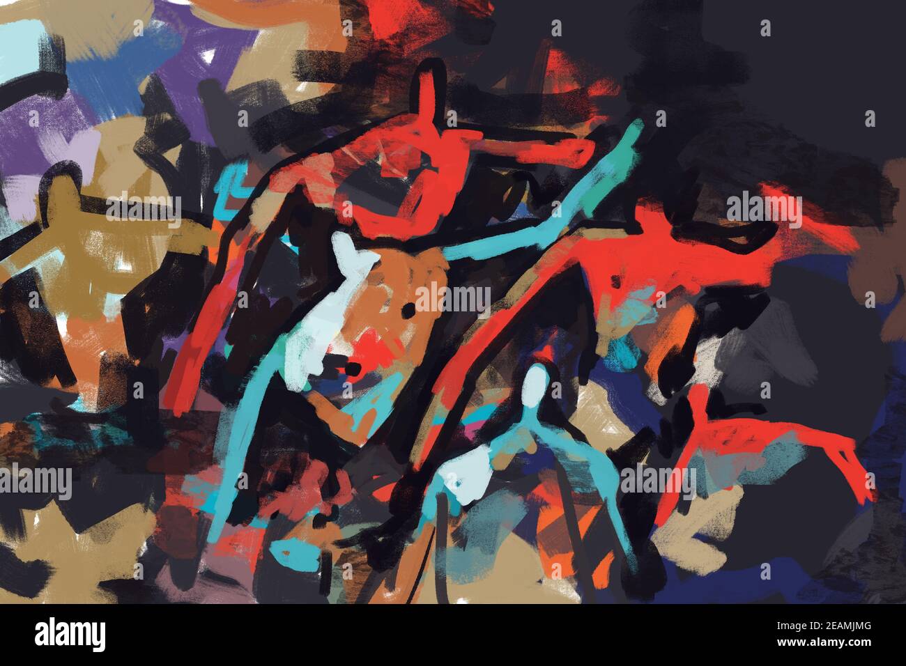 Personengruppe im Fresko und Expressionismus Malerei, Graffiti und moderne Kunst. Ängstlich und Entwurf Illustration. Post Expressionismus Kunst. Basquiat Vibe. Kunst für Druck, Poster und Leinwand. Stockfoto