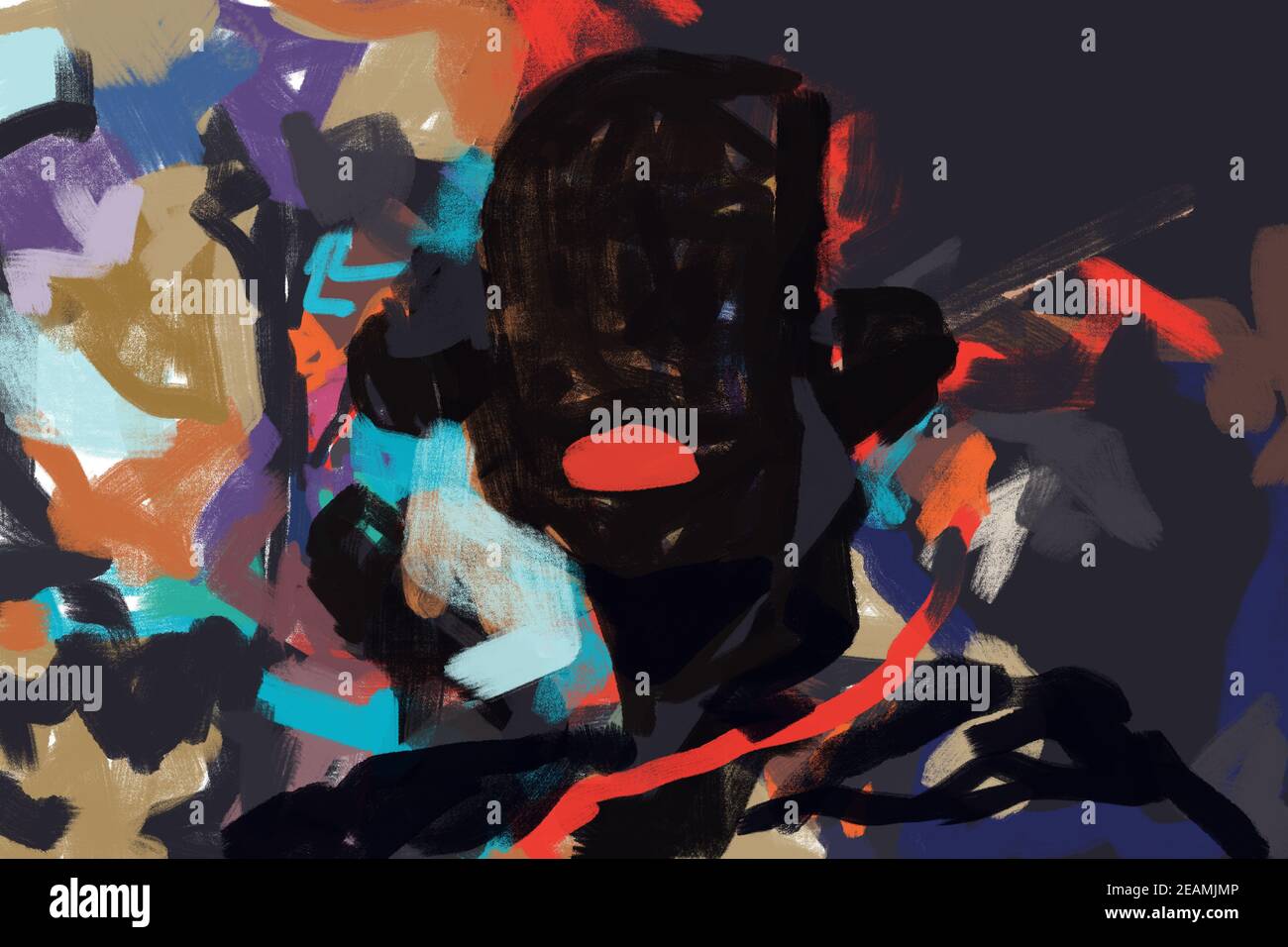 Expressionismus Porträt mit Zeichnung Farbe. Traurige und dunkle Malerei. Zeitgenössische und postmoderne Kunst. Nightfall abstrakte Kunst. Basquiat Vibe. Kunst für Druck, Leinwand und Poster. Stockfoto