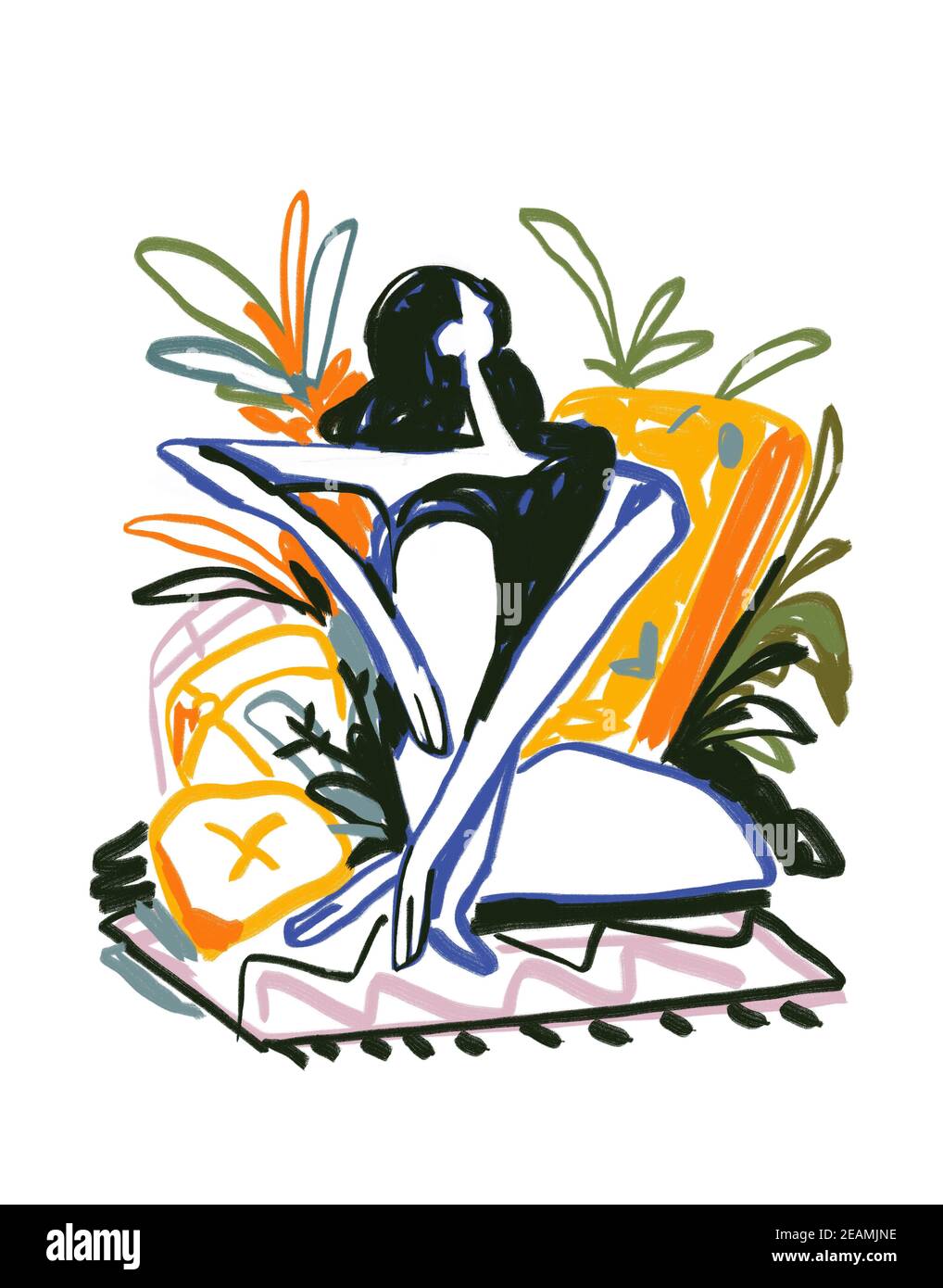 Abstrakte Frau sitzt zu Hause mit Kissen und Pflanze. Abstrakte Expressionismus Malerei. Raoul dufy Vibe. Illustration für Print und Poster. Stockfoto