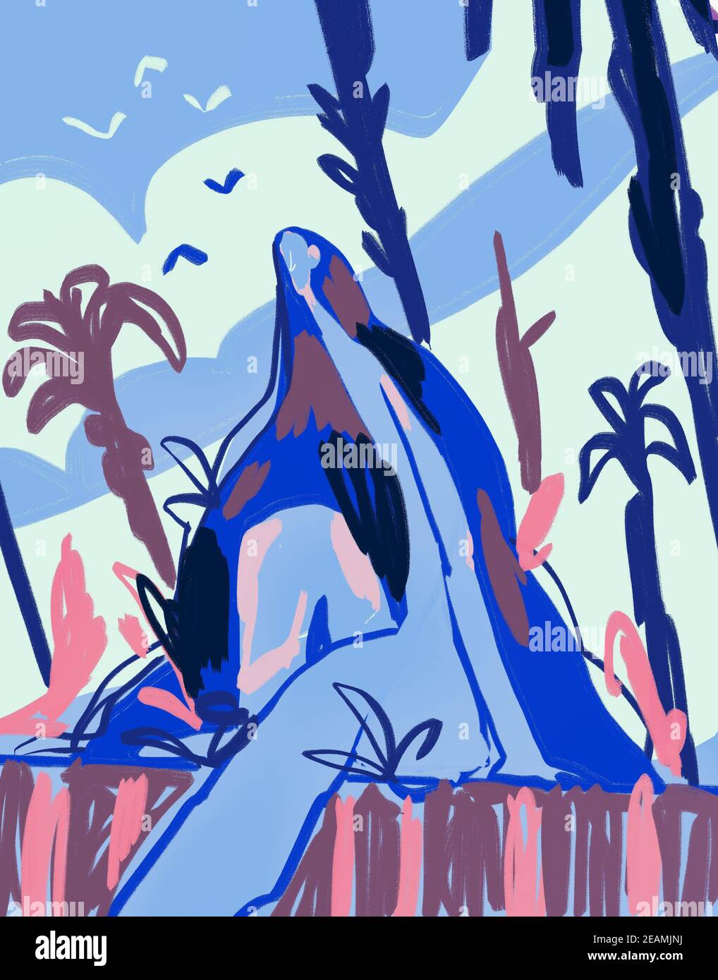 Frau in abstrakter Natur. Expressionismus Malerei. Moderne und trendige Kunst. Fauvismus und Raoul Dufy Vibe. Orange und grüne Farben Stockfoto