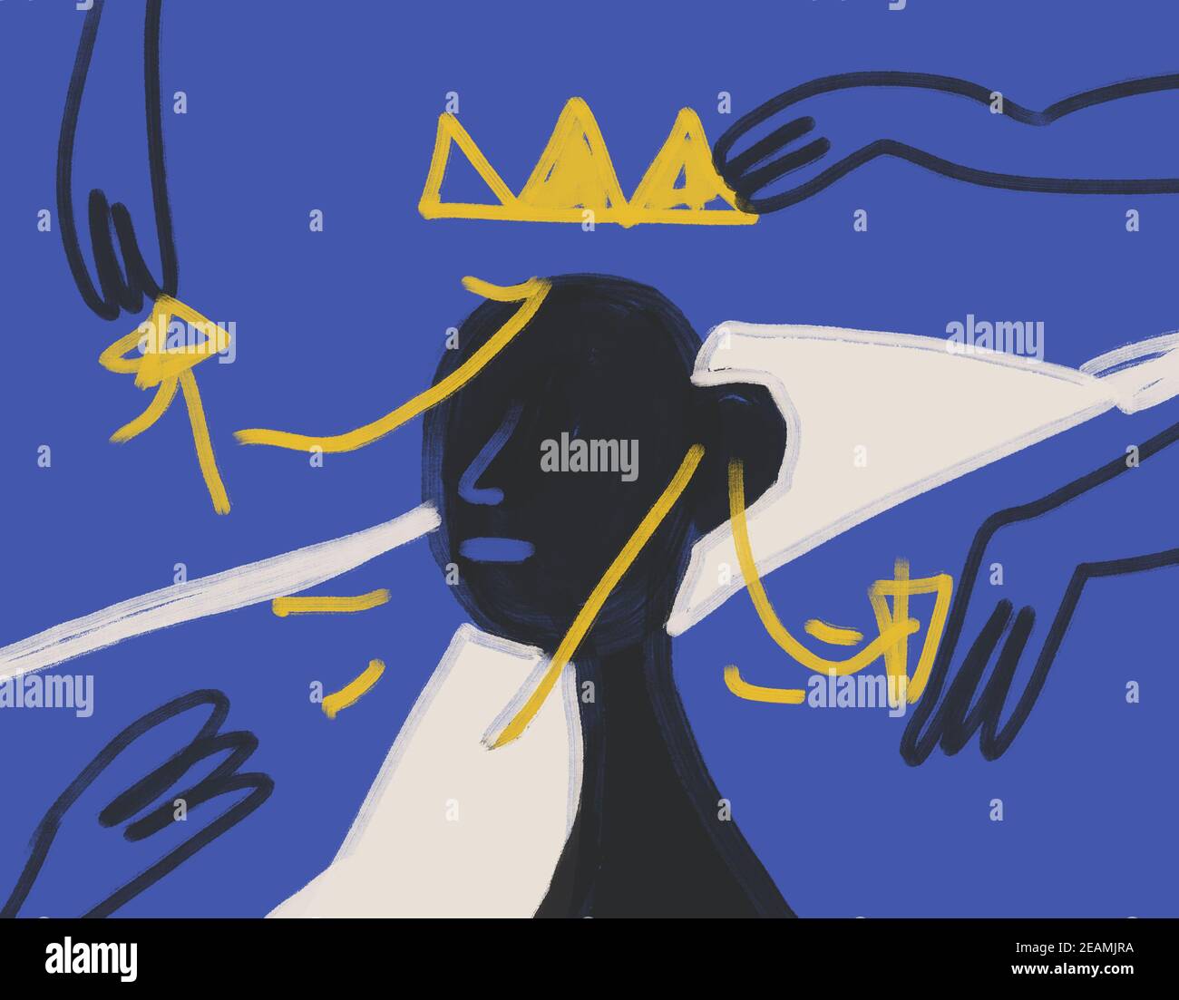 Kleid King Portrait mit Hand und Krone. Expressionismus Malerei und moderne abstrakte Kunst . Basquiat-Atmosphäre. Kunst für Druck und Poster Stockfoto