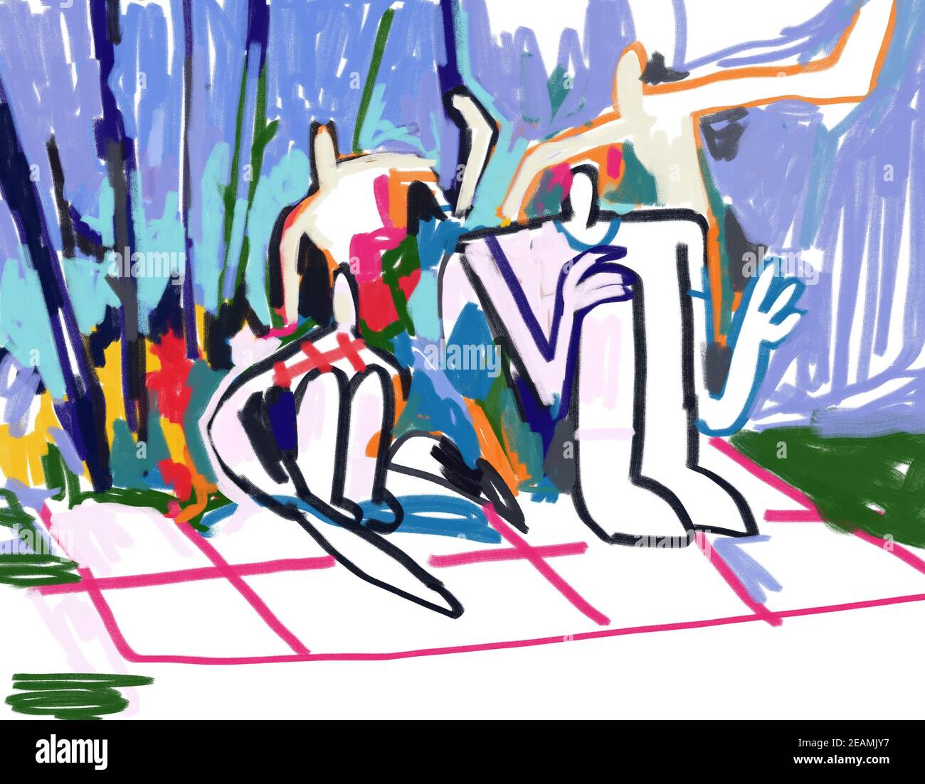 Gruppe von Menschen Picknick in der Natur. Expressionist und abstrakte Kunst. Fauvismus und Raoul Duffy Vibe. Handgezeichnete und bunte Illustration. Kunst für Druck und Poster Stockfoto