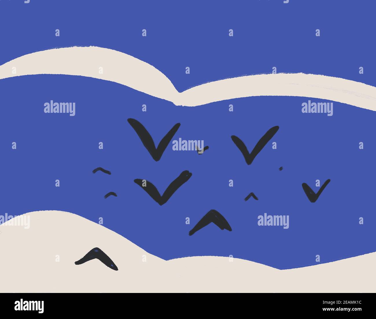 Schwarze Gruppe von Vögeln fliegen in Himmel und Wolke. Minimalistische Illustration und trendige Kunst. Niedliche und einfache Kunst für Print und Poster Stockfoto