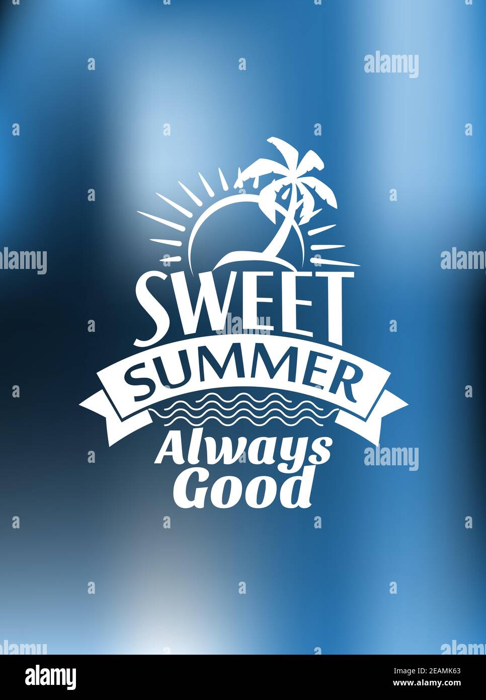 Sweet Summer immer gutes Poster-Design auf einer blauen Mischung Hintergrund mit einer Palme und Sonnenschein Stock Vektor