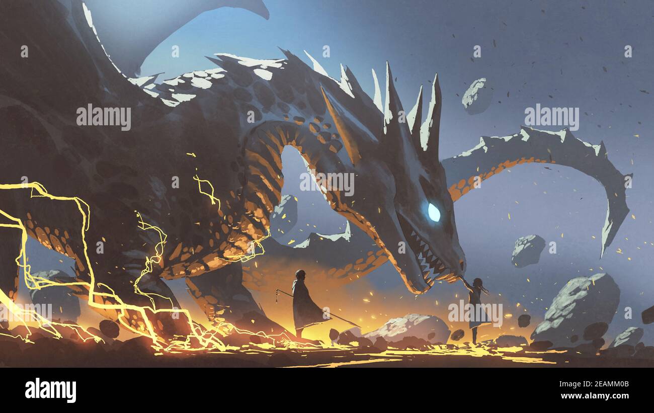 Fantasy-Szene einer Frau, die nach dem Drachen mit einem nahe gelegenen herrn, digitale Kunst Stil, Illustration Malerei Stockfoto