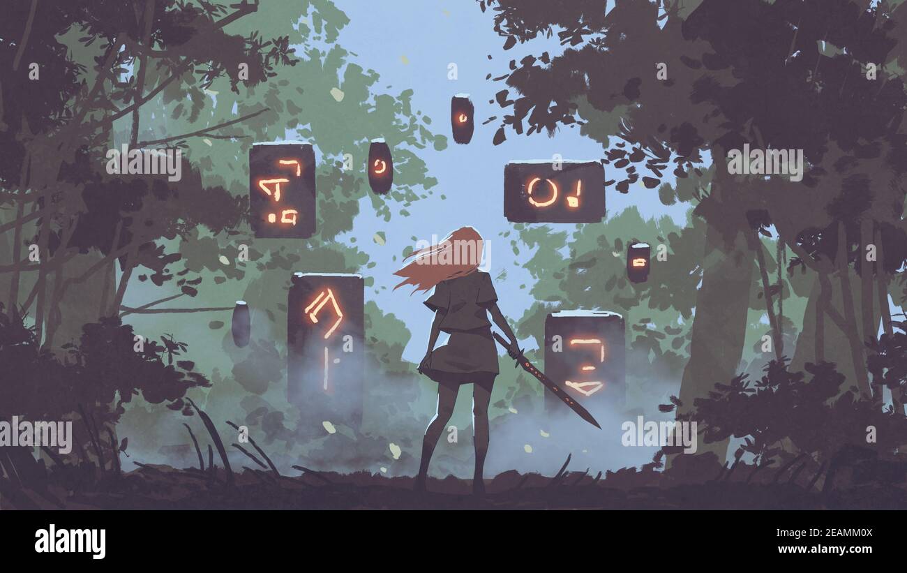 Frau mit ihrem Schwert Blick auf die geheimnisvollen schwimmenden Steine im Wald, digitale Kunst Stil, Illustration Malerei Stockfoto