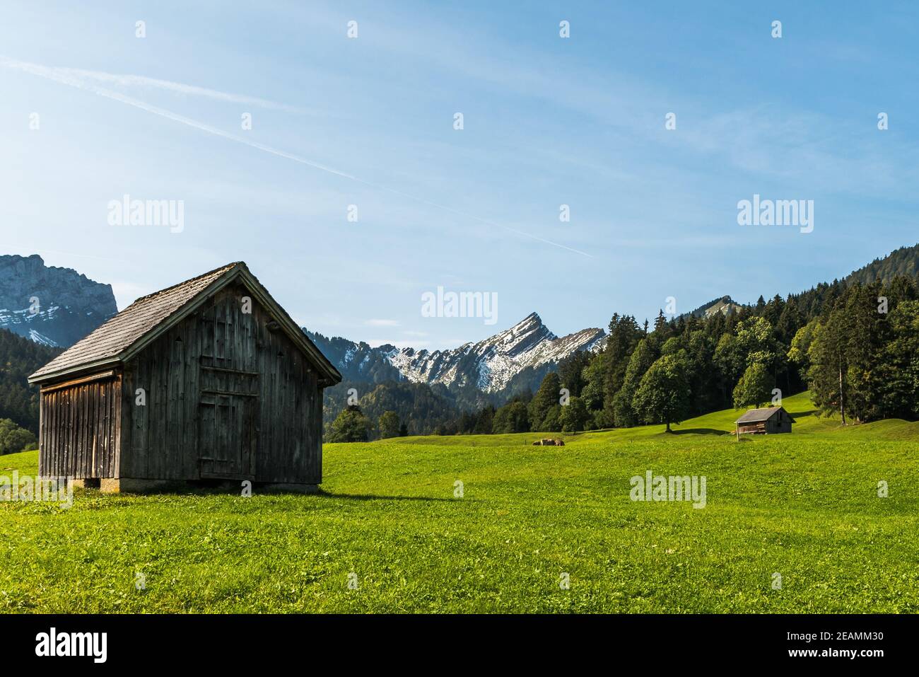 Landschaft mit Hütte, Toggenburg, Kanton St. Gallen, Schweiz Stockfoto